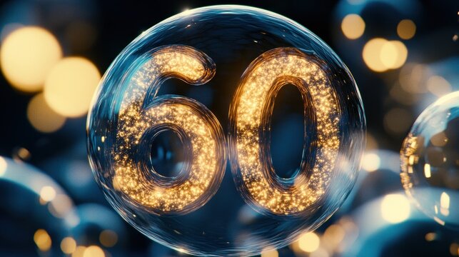 Glowing number 60 in a bubble with festive bokeh background, for anniversaries