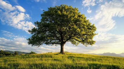 Obraz premium A lone tree stands in a grassy field under a clear blue sky with fluffy white clouds.