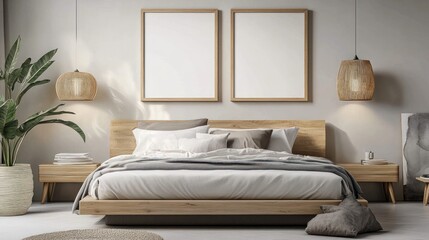 Modern bedroom interior with natural wood and light beige tones.