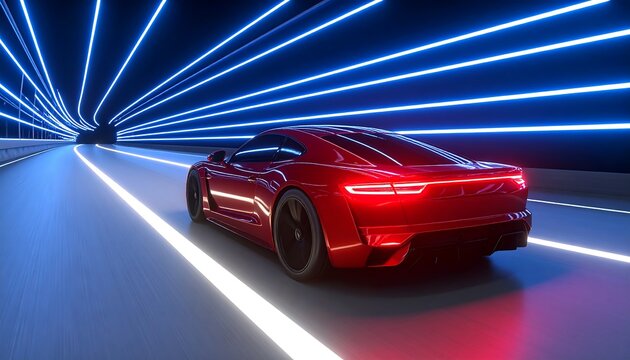 Futuristic red sports car in a glowing neon tunnel