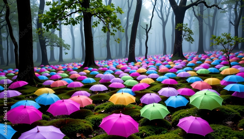 Aufkleber the image presents a vibrant scene of a forest floor covered with an array of colorful umbrellas, th