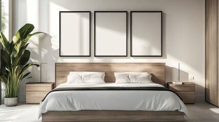 A modern bedroom interior with a bed, bedside tables, and framed artwork.