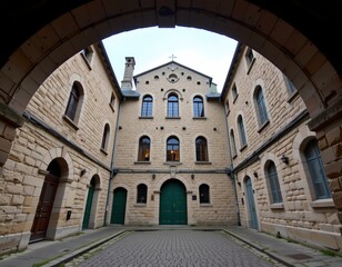 Obraz premium the image depicts a photograph of an old stone building with tall windows and multiple stories, the architecture suggests a historical setting, possibly from a european city