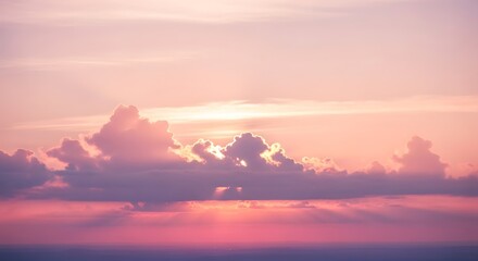 Obraz premium Serene Sunset Sky Pink and Purple Clouds with Golden Light Rays, A Beautiful and Peaceful Natural Scene