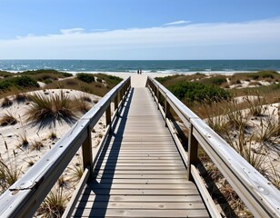 Obraz premium the image shows a tranquil beach scene with a wooden boardwalk leading towards the ocean horizon, the sky is clear with some clouds, suggesting a bright, sunny day
