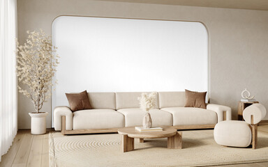 Fototapeta premium Stylish Living Room Interior with Minimal Armchair, Sofa, and Wooden Table – Transparent PNG with Realistic Shadows