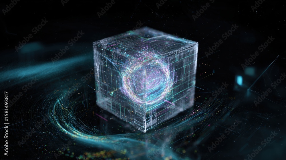 Poster a mysterious energy cube of an unknown substance levitates within a swirling vortex, a representatio