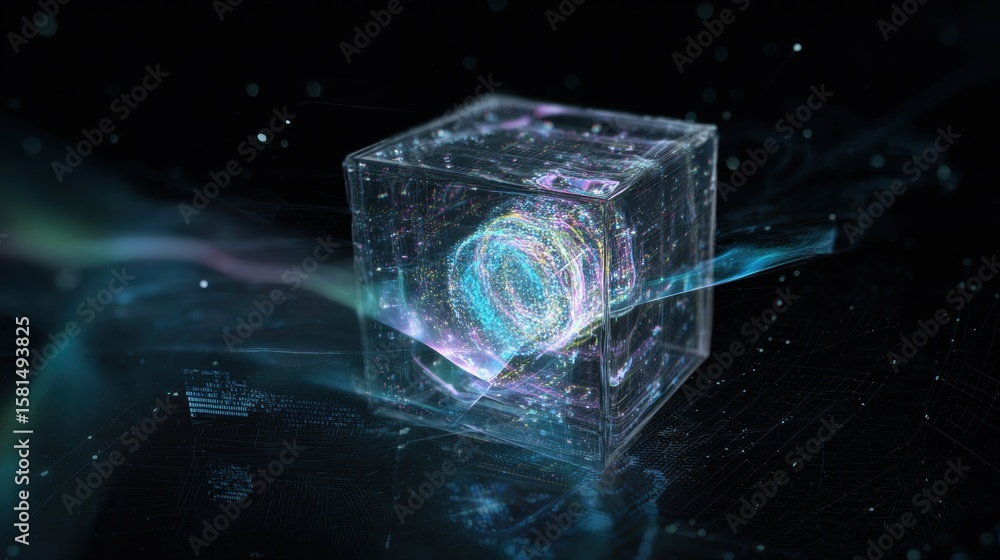 Poster a mesmerizing futuristic data cube floats in the ethereal void of space, its intricate core aglow wi