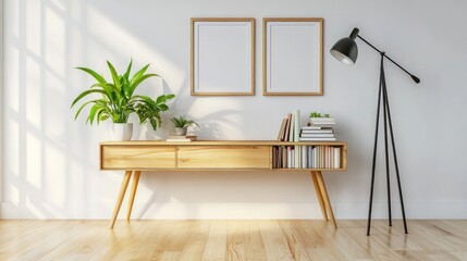 Light-filled living room scene with wooden console table and potted plants.