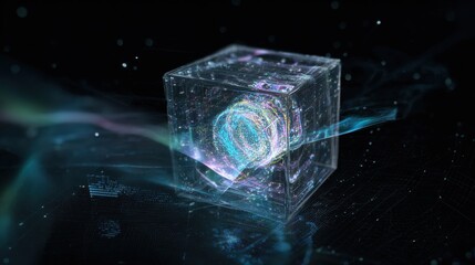 A mesmerizing futuristic data cube floats in the ethereal void of space, its intricate core aglow with intricate energy, illuminated by vibrant lights and a soft atmosphere.