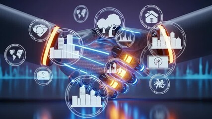 Futuristic robotic hands shaking, symbolizing partnership in technology and sustainability, with icons representing various industries and environmental themes in the background - Powered by Adobe
