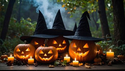 Halloween pumpkins with witch hats in a forest setting
