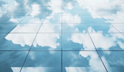 Low-angle view of a modern glass building facade reflecting a cloudy sky.  Large, square glass panels arranged in a grid pattern.  Light blue hues dominate