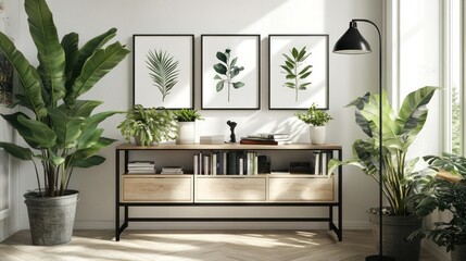 A sunlit room showcasing greenery and a modern console table.