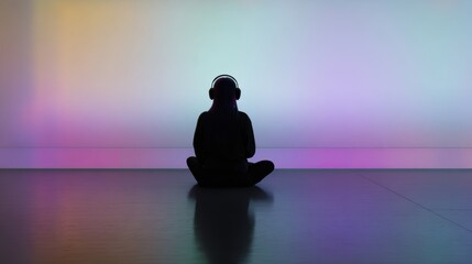 A silhouette of a person seated in a meditative pose is reflected in a colorful gradient of light. The image captures tranquility and mindfulness.
