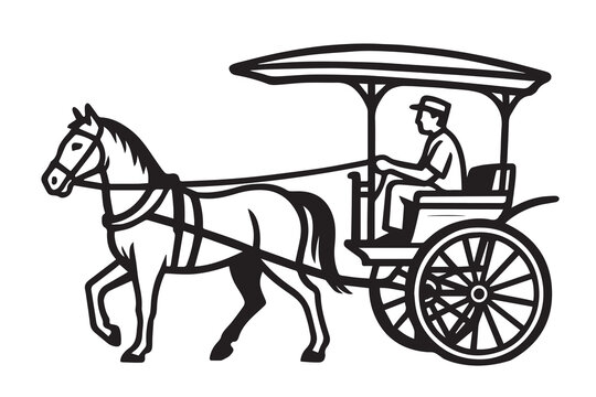 Delman vector image in black and white, with heavy black outlines, highlighting the elegant curves and nostalgic feel of this iconic horse drawn vehicle.