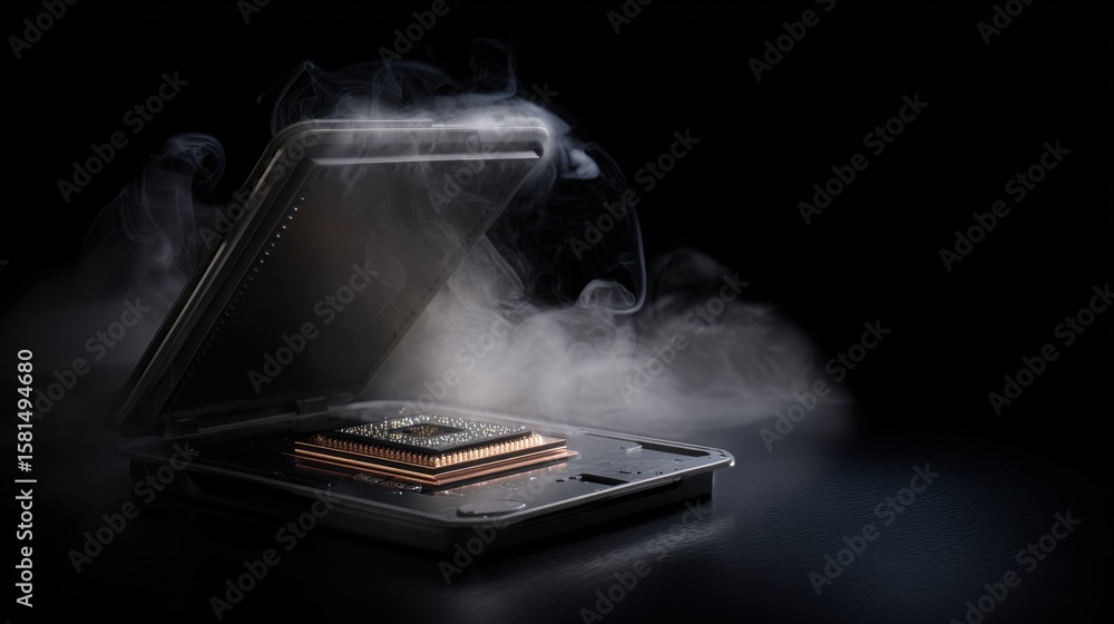 Poster the core cpu is showcased within a sleek, open case, enveloped by ethereal fog. this high-tech arran