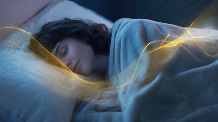 The serene image captures a young woman sleeping soundly, enveloped in comfort, as abstract golden light gracefully dances above her, suggesting peaceful dreams and deep rest.