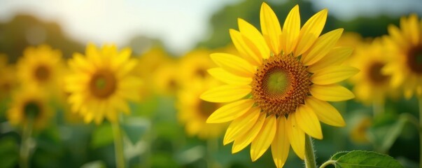 Obraz premium Close-up of bright yellow sunflower head, blurred background, golden, seed, head