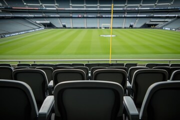 Empty stadium seats face a manicured field.  View from the stands.  Dark gray seats, grassy field.  Yellow goal post.  Empty.  Large arena