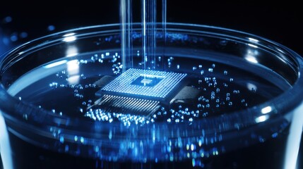 A striking visual capturing cutting-edge technology, a central processing unit immersed in a liquid, the scene awash in an ethereal blue glow.