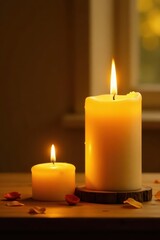 Golden hour candle scene; yellow tones dominate , home, wax, candle