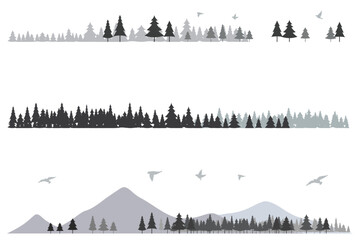 針葉樹と山のシルエットのイラストセット　背景イラスト