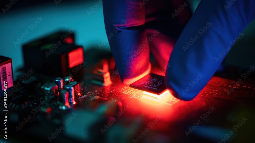 Aufkleber close-up view of a scientist's gloved hand delicately handling a microchip on a circuit board, bathe
