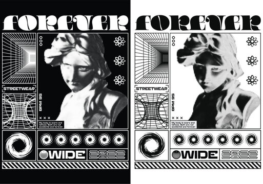 Modern Streetwear Design: An artistic graphic with geometric patterns and a classical sculpture with forever inscription and streetwear text and the word wide at the bottom.