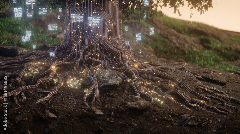 Poster tree roots glowing with data, digital transformation concept.