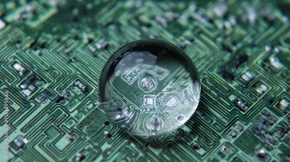 Poster a stunning macro shot of a water droplet reflecting the intricate patterns of a circuit board, symbo