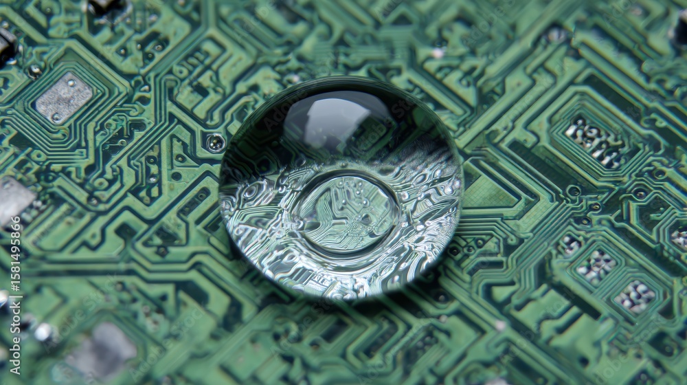 Poster a close-up view showcases a captivating water droplet resting atop a circuit board. the drop's surfa