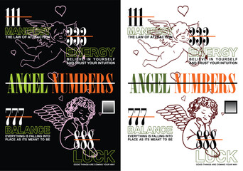 Angel Number Design: A celestial design showcasing an angel with symbolic numbers, a visual embodiment of hope, energy, balance, and luck.