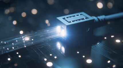 Illuminating the essence of technology: a close-up shot showcases the power of data transmission through a high-tech cable. This photograph visualizes the flow of information with stunning clarity. 