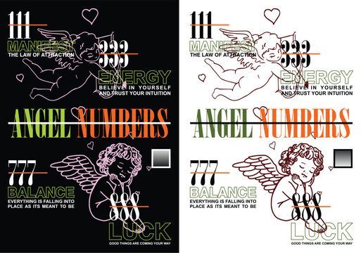 Angel Number Design: A celestial design showcasing an angel with symbolic numbers, a visual embodiment of hope, energy, balance, and luck.