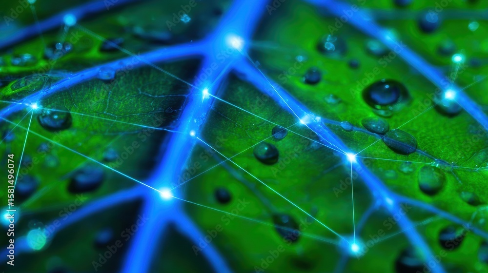 Poster a lush green leaf adorned with shimmering water droplets is intertwined with vibrant blue networks o
