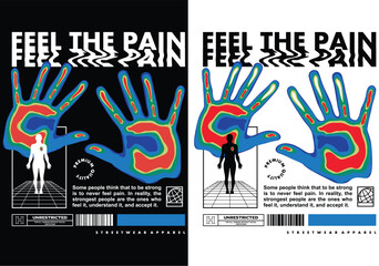 Feel the Pain Graphic Design: A striking graphic design featuring two vibrant handprints with thermal imaging patterns, accompanied by minimalist body outlines on a geometric background.