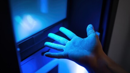 Hand under UV light for sterilization, glowing blue light, close up view.