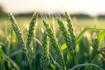 Close-up of unripe wheat stalks in a field at dawn