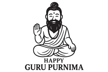 A peaceful Guru Purnima scene in black and white vector format, defined by thick outlines, symbolizing wisdom, respect, and traditional Indian culture.


