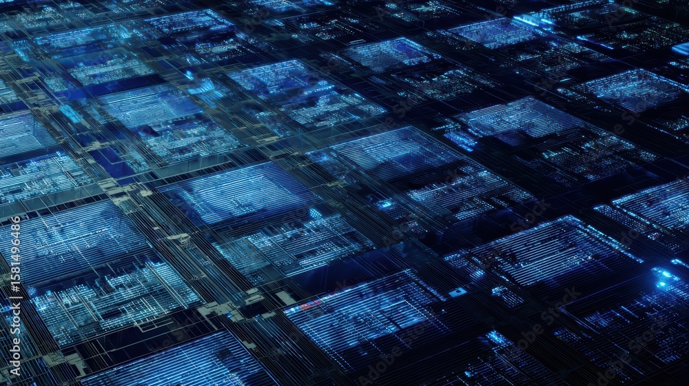 Poster intricate microchip designs illuminated: futuristic vision of a computer chip layout, radiating an o