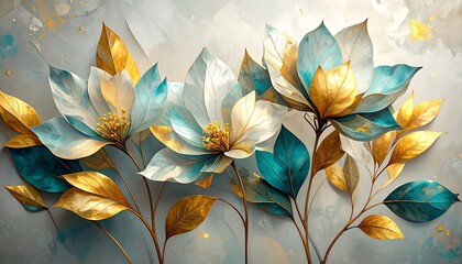 Elegant abstract flowers in gold, teal, and white on a textured grey background. Luxurious botanical illustration with metallic foil details for modern wall art, banners, and wedding invitations.