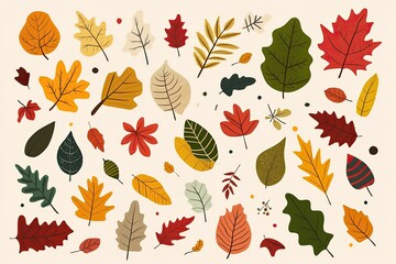 A collection of colorful autumn leaves in various shapes and sizes,  arranged on a light beige background.