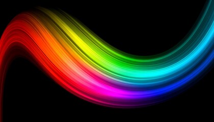 Vibrant abstract fluid wave with glowing rainbow light trails and holographic effect. Colorful spectrum gradient on a black background for modern technology and design concepts.