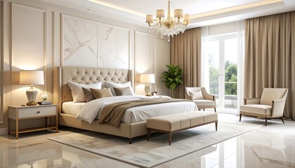 Elegant master bedroom in beige and gold tones featuring a central tufted bed, marble accent wall, crystal chandelier, and large window with natural light. Luxurious modern classic interior design.