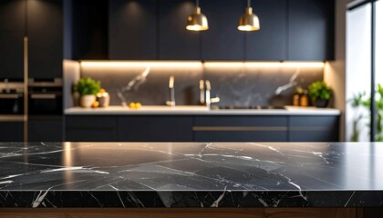 Empty black marble tabletop for product display on a blurred background of a modern luxury kitchen. Dark interior with warm lighting and gold accents, perfect for mockup or presentation.