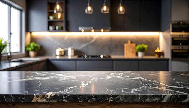 Luxurious black marble table top with a modern dark kitchen interior in soft focus. Empty countertop with warm LED lighting, creating an elegant backdrop for product placement or design.