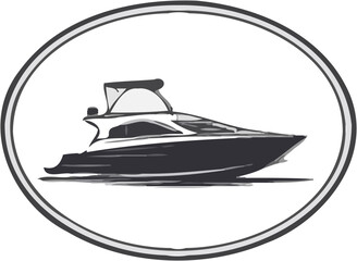 Naklejka premium Monochromatic sketch of a speedboat in an oval frame.