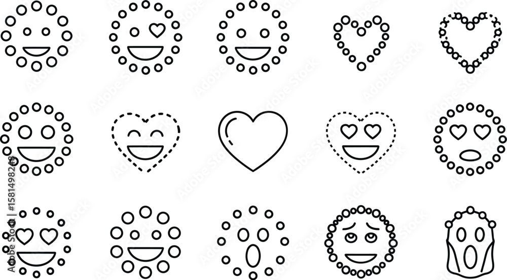 Poster vector art of a set of cheerful emoji faces isolated on white background, expressing a range of posi