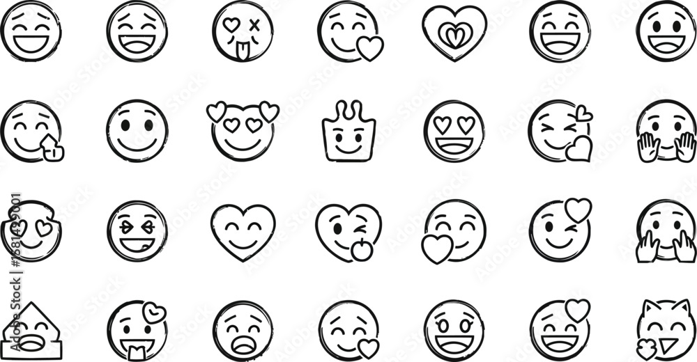 Poster vector art of a delightful collection of handdrawn emoji faces isolated on white background, each ex